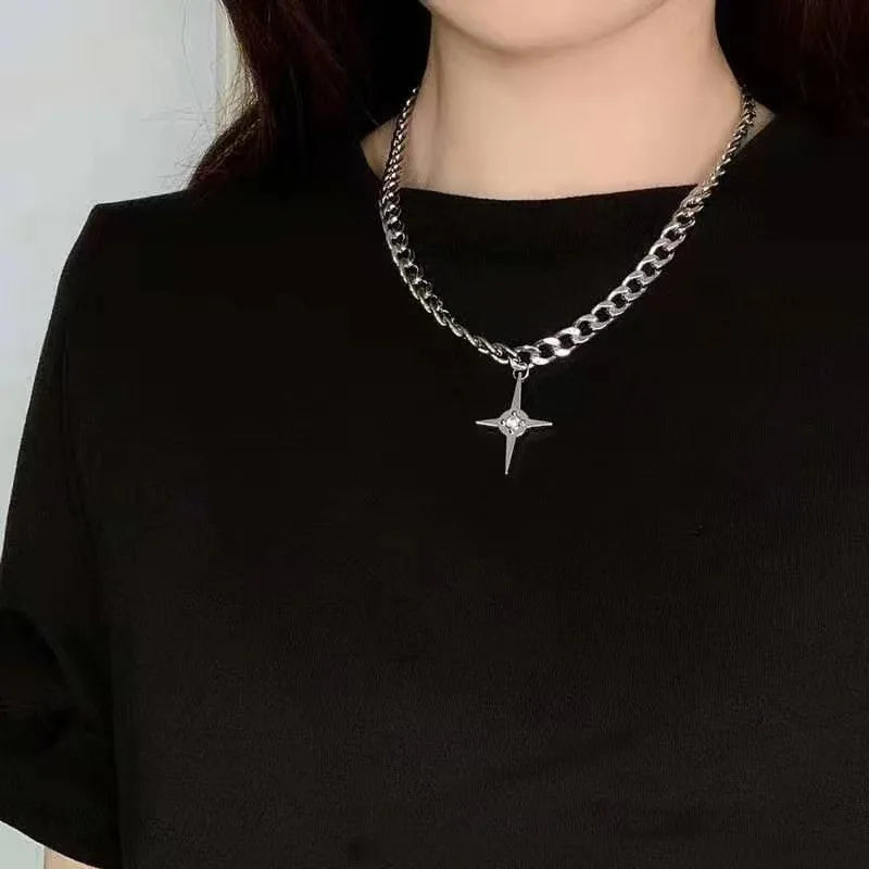 INGVN  Kpop Goth Silver Color Star Pendant Chain Necklace For Women Men Egirl Y2K Cool EMO Punk Aesthetic Grunge Jewelry Gifts