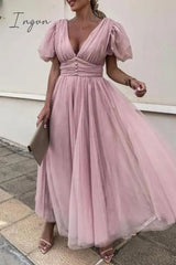 Ingvn- Elegant Solid Lace Mesh V Neck Evening Dress Dresses