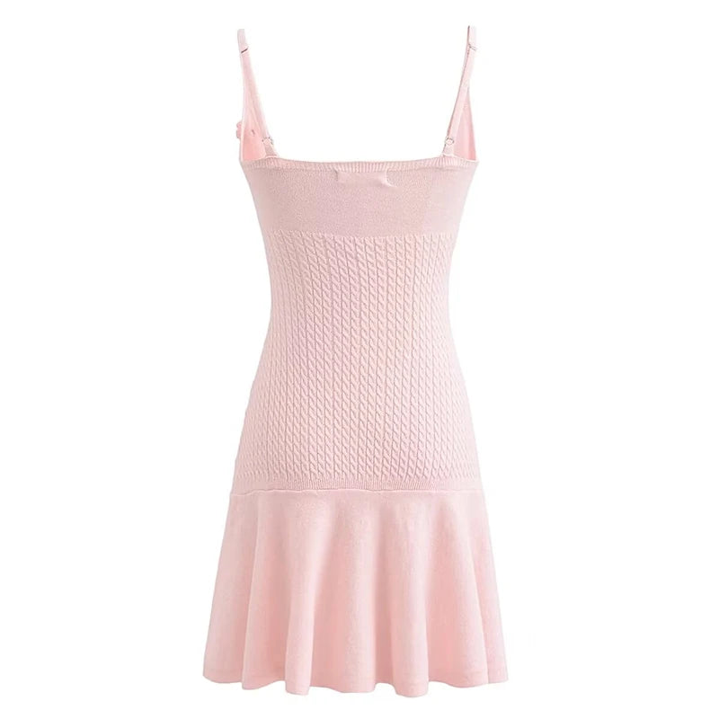 Sexy Elegant Women Floral Appliques Slim Knit Sling Dress V Neck A-line Mini Lady Dresses  Summer Robe