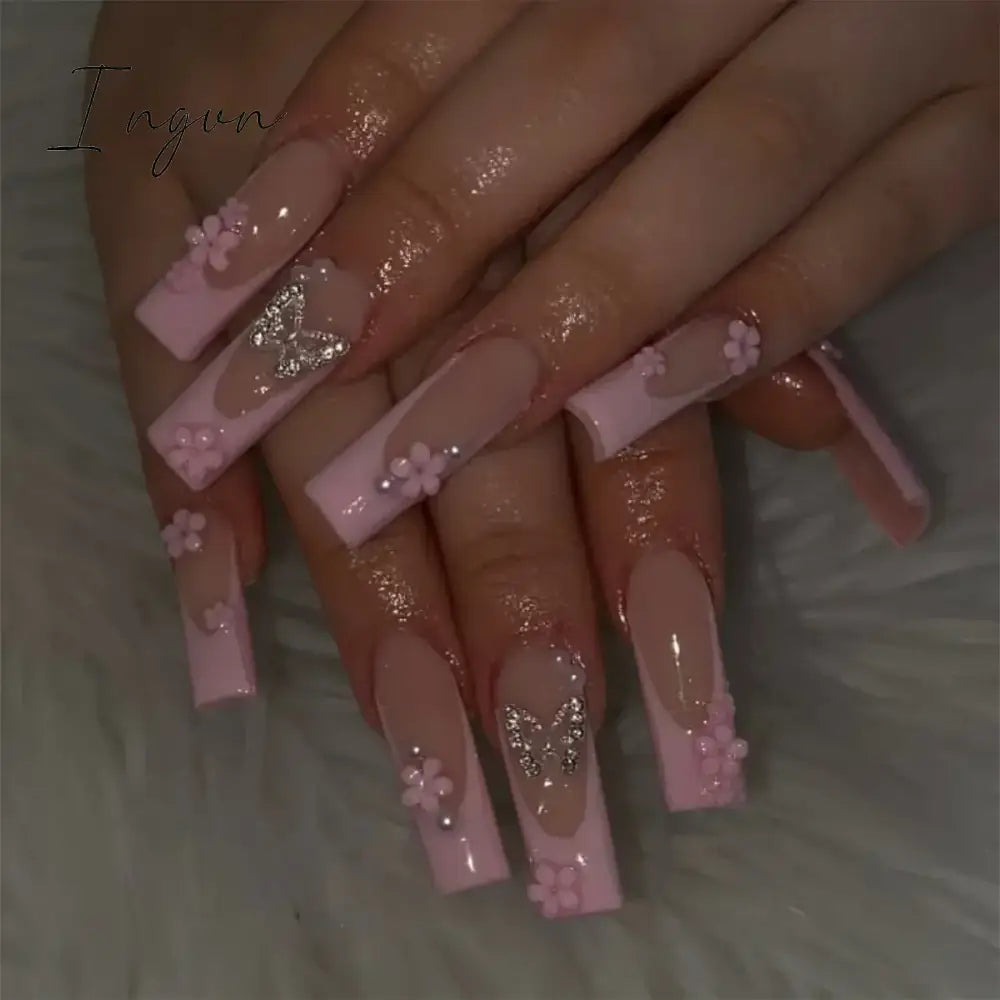 24pcs Artifical Bails With Glue Fake Nail Tips With Design Detachable Press On Nails Long Fake Nail Finished Nail Piece Sticker