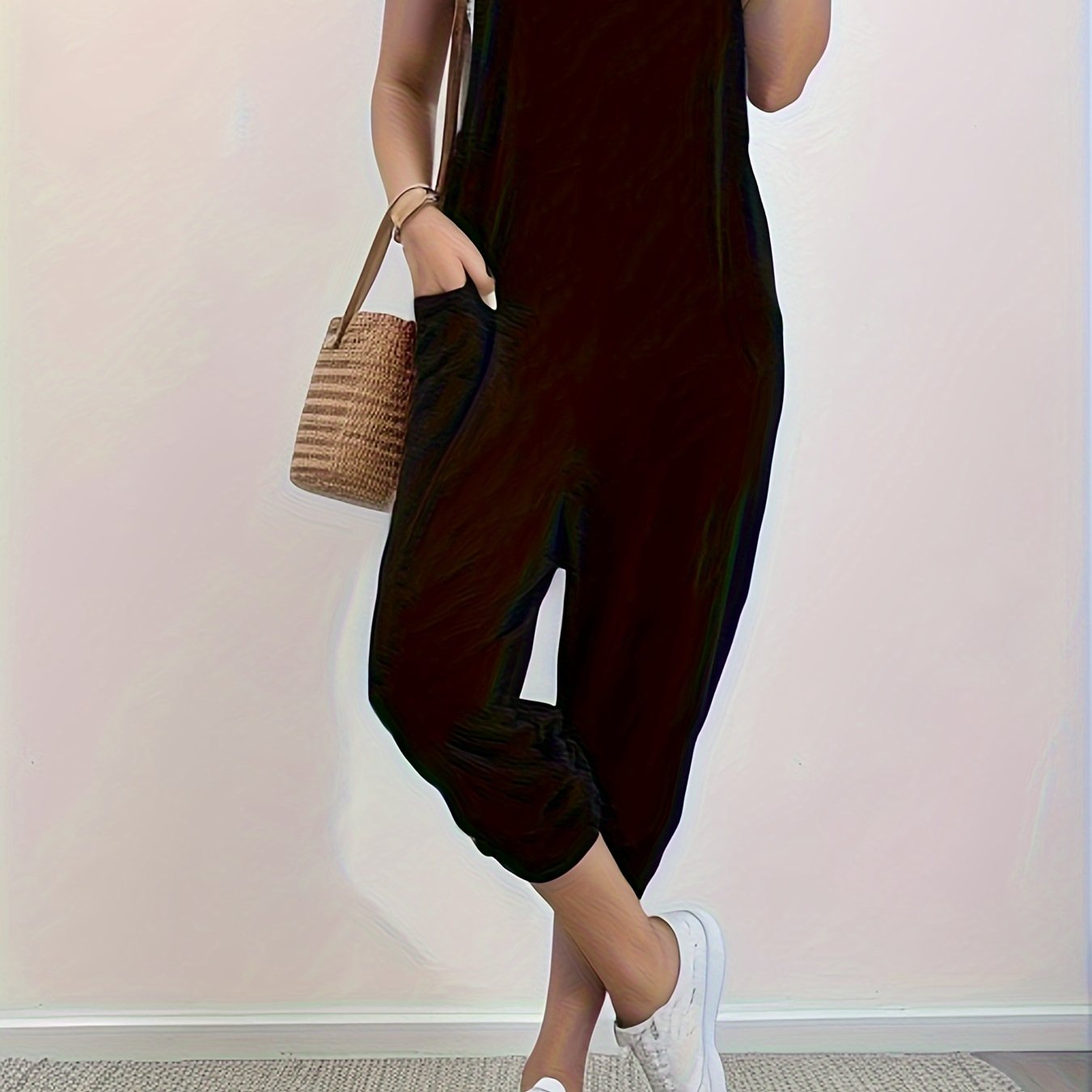 Solid Patched Pockets Overall Jumpsuit, Versatile V-neck Overall Jumpsuit For Spring & Summer, Women's Clothing