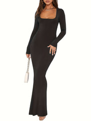 Sexy Bodycon Maxi Dresses Long Sleeve Wedding Guest Long Dress Casual Rib Knit Scoop Neck Fall Dress