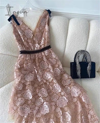 Ingvn - 2023 Summer Pink Women Lace Gauze Dress Mesh Tulle V Neck Bow Tie Rose Embroidery Midi Long Sequin Dress Evening Robe Quality