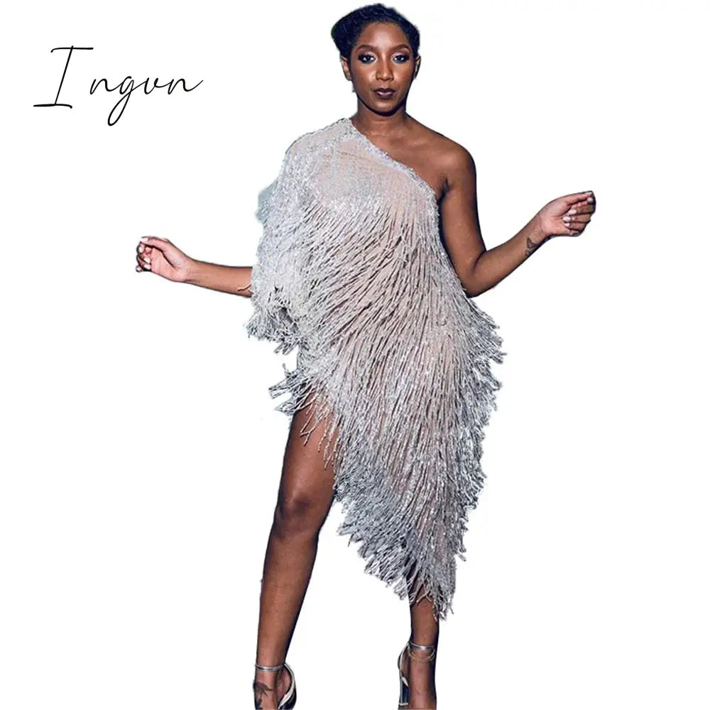 Ingvn - Elegant One Shoulder Celebrity Evening Runway Party Dress Women Fringe Tassels Asymmetrical Club Dress Robe Vestidos De Fiesta