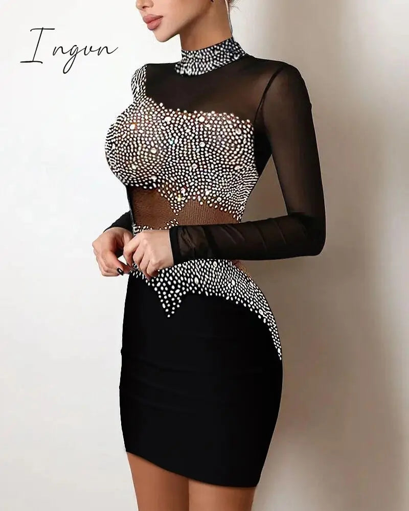 Ingvn - Y2K Sexy Floral Print Contrast Mesh Bodycon Dress Geometric Night Out Vestidos Mini Casual Daily Women Floral Dress