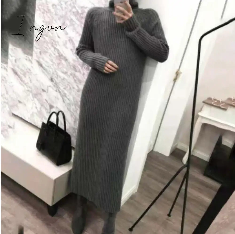 Ingvn - Turtleneck knitted sweater dress ladies fall winter elastic cashmere bottoming shirt midlength over the knee thick sweater dress