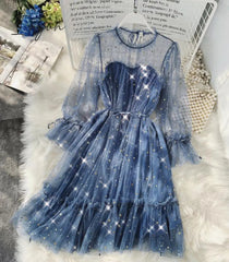 Ingvn - New Female O-neck Stars Sequined Mesh Shiny Fairy Dress Women Elegant Bling Gauze Princess Puff Dresses Vestidos De Fiesta