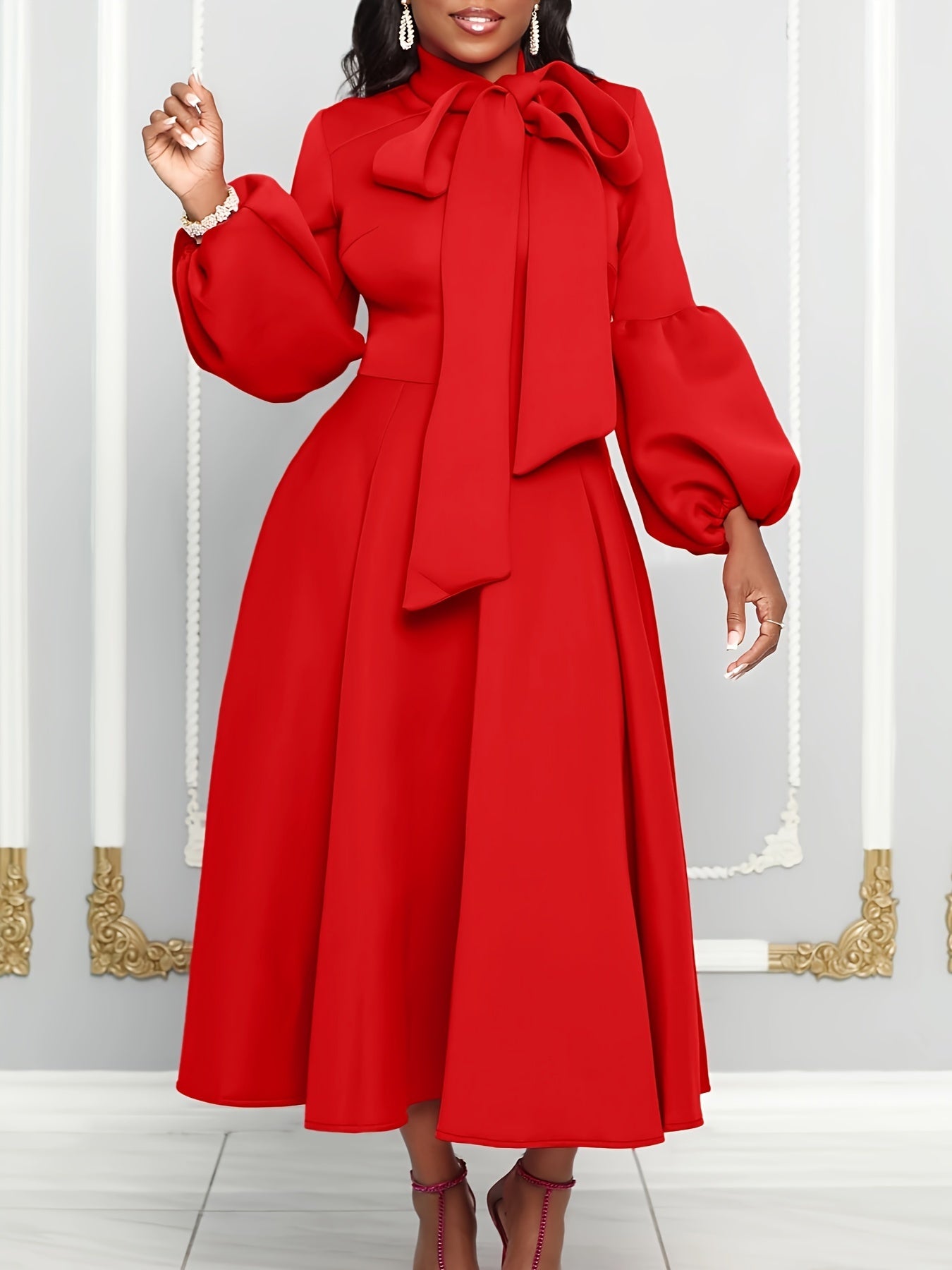 Solid Color Tie Neck Aline Dress, Elegant Ruffle Trim Lantern Sleeve Dress For Spring & Fall, Women's Clothing