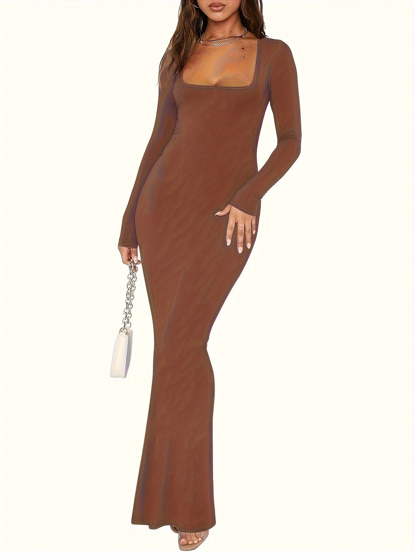 Sexy Bodycon Maxi Dresses Long Sleeve Wedding Guest Long Dress Casual Rib Knit Scoop Neck Fall Dress