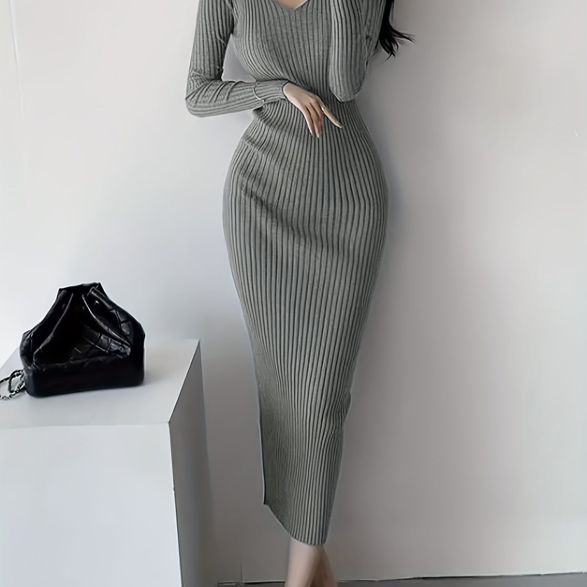 Solid Color Ribbed Long Sleeve Dress, Casual Knitted V Neck Dress For Spring & Fall, Women's Clothing