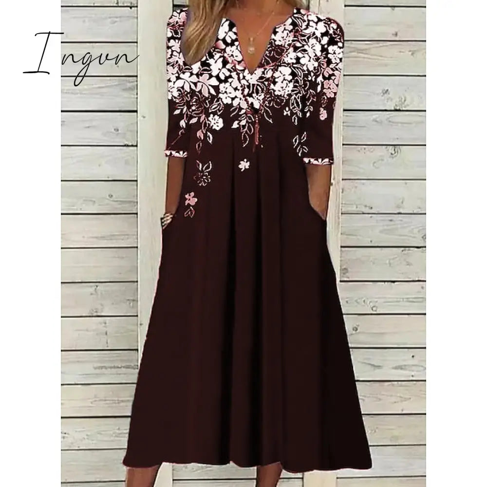 Ingvn - Women's Casual Dress T Shirt Dress Tee Dress Shift Dress Midi Dress Black Wine Blue Half Sleeve Floral Patchwork Summer Spring Crew Neck Fashion 2023 S M L XL 2XL 3XL