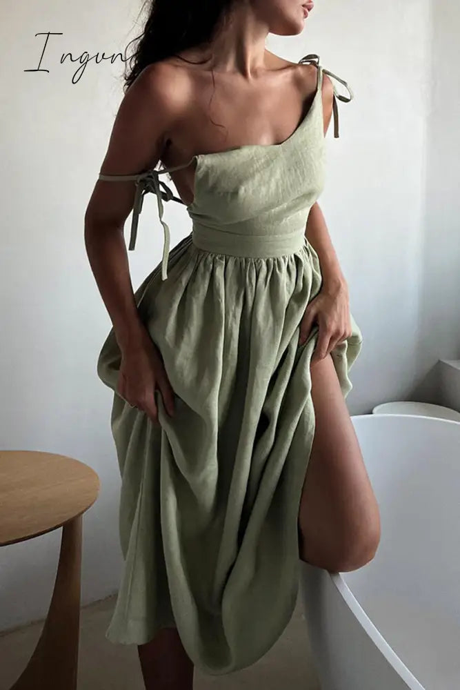 Ingvn- Sexy Vacation Solid Bandage Backless V Neck Beach Dress Dresses