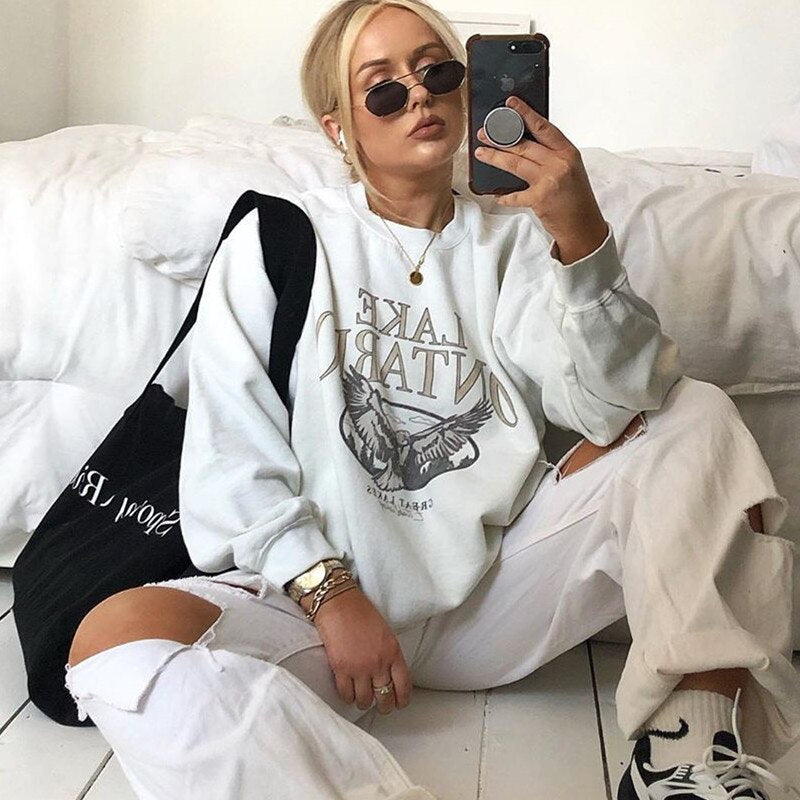 Letter Print Sweatshirt Vintage Women Hoodies Gray Cotton Warm Fleece Winter Pullovers  Autumn New Casual Streetwear Girls