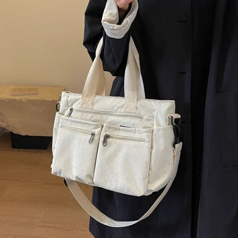 Ingvn  Casual Corduroy Messenger Bags Large Capacity Commuter Mummy Portable Shoulder Bag Multi Layers Camping Tote Bags