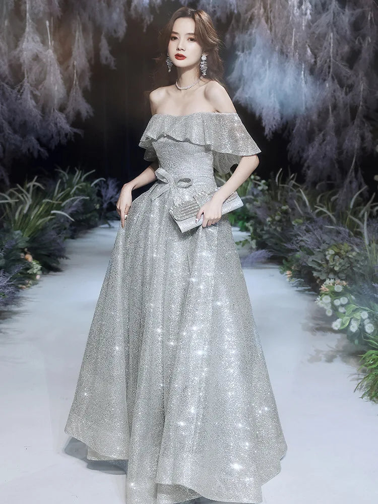 Customized Starry Evening Dress Female 2025 New Elegant Banquet Super Fairy Wedding Party Vestidos Celebrity Silver Long Slim Pr