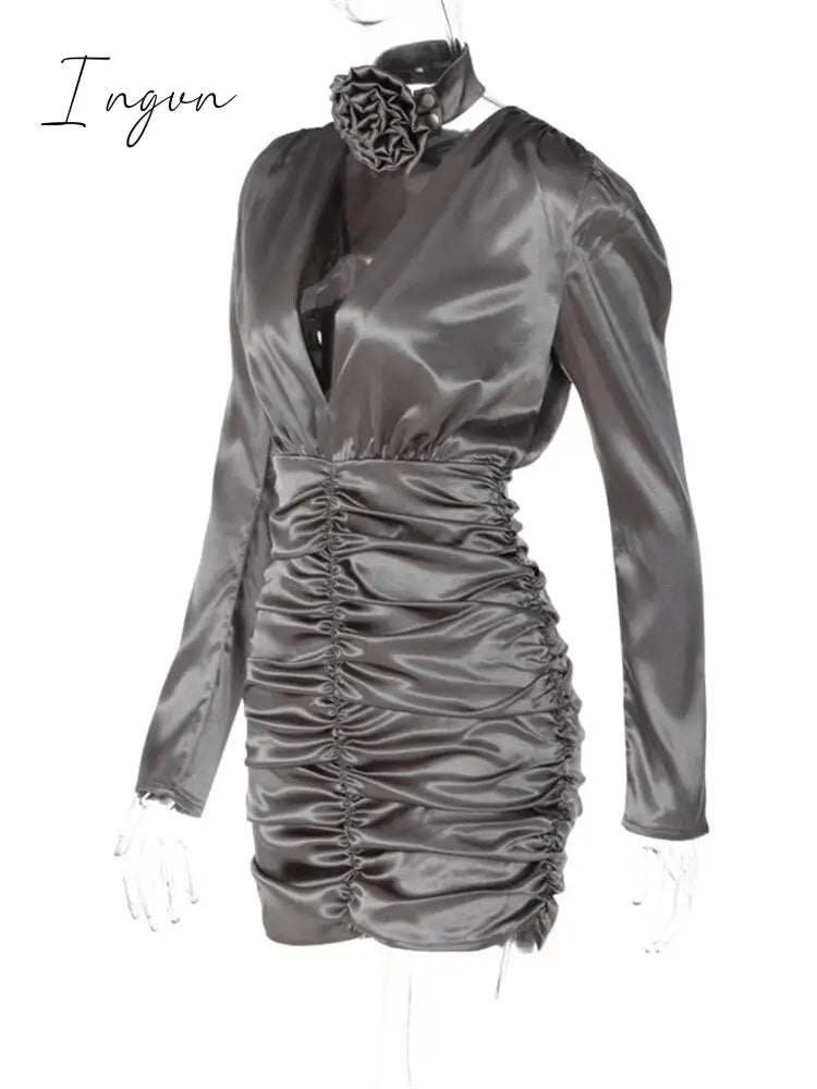 Ingvn - Womens Fall Fashion Satin Ruched Deep V Neck Long Sleeve Mini Bodycon Dress Women Autumn Winter Elegant Sexy Party Dresses