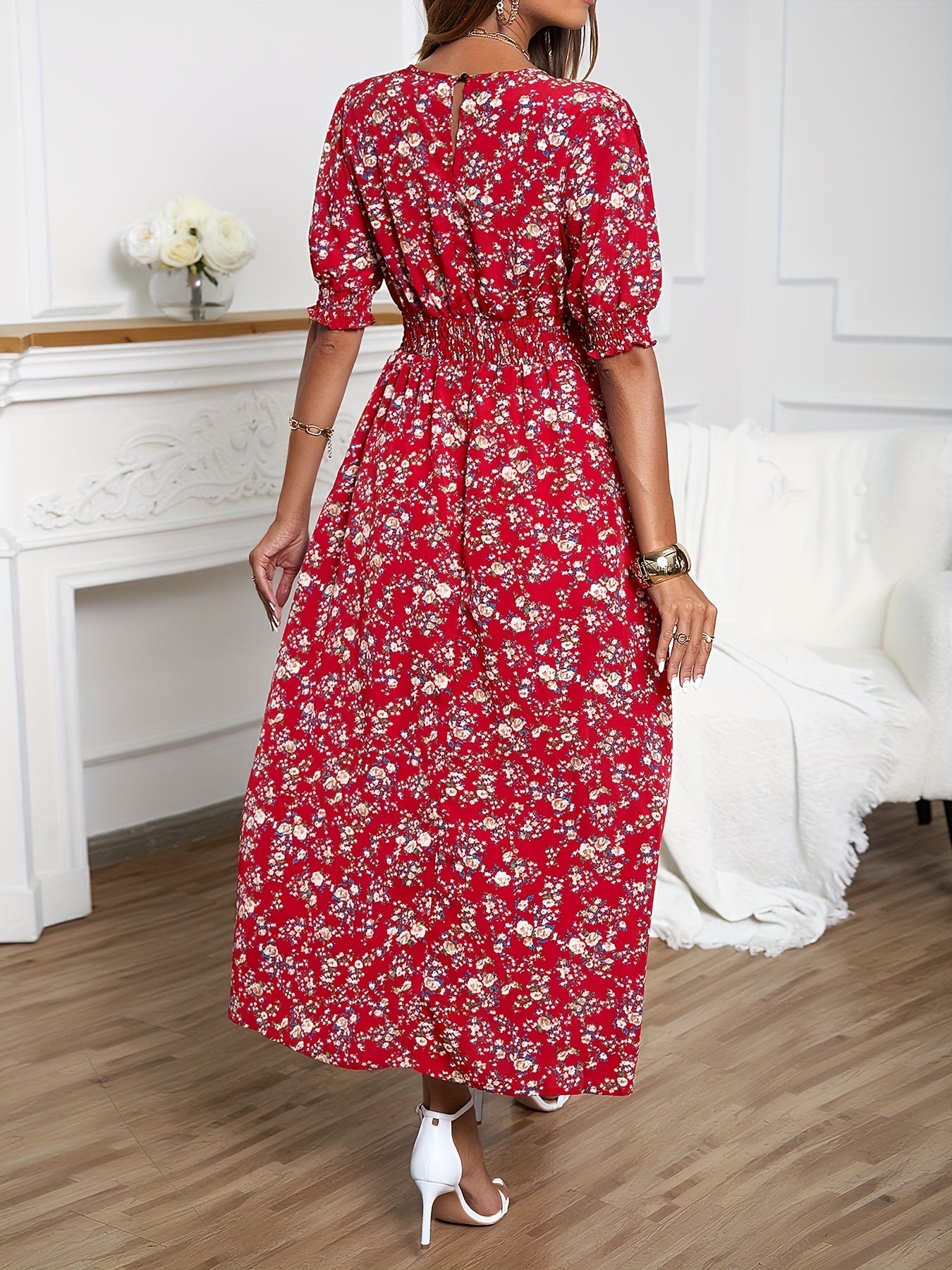 Blossoming floral print dress - Romantic Puff Sleeves & Shirred Bodice - Perfect for Spring/Summer - Flattering Crew Neck - Stylish Womens Casual Wear