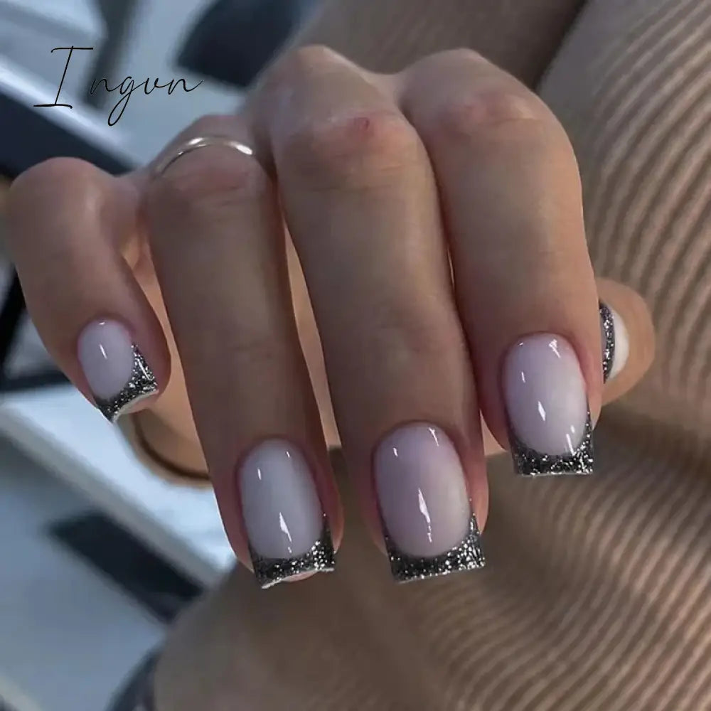 24Pcs French Tip  Press on Nails Short Coffin False Nails Simple Wearable Fake Nails Frosted Full Cover Press on Nail Tips Art