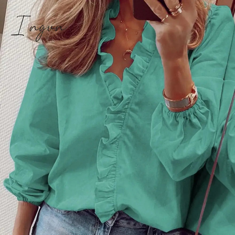 Ingvn - Womens Tops And Blouses Elegant Long Sleeve White Ol Shirt Ladies Solid Color Chemise Femme Blusa Feminina Streetwear