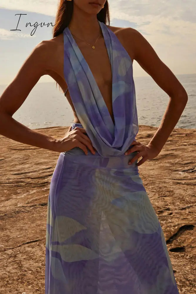 Ingvn - Sexy Gradual Change Print Backless Scarf Collar Sleeveless Two Pieces