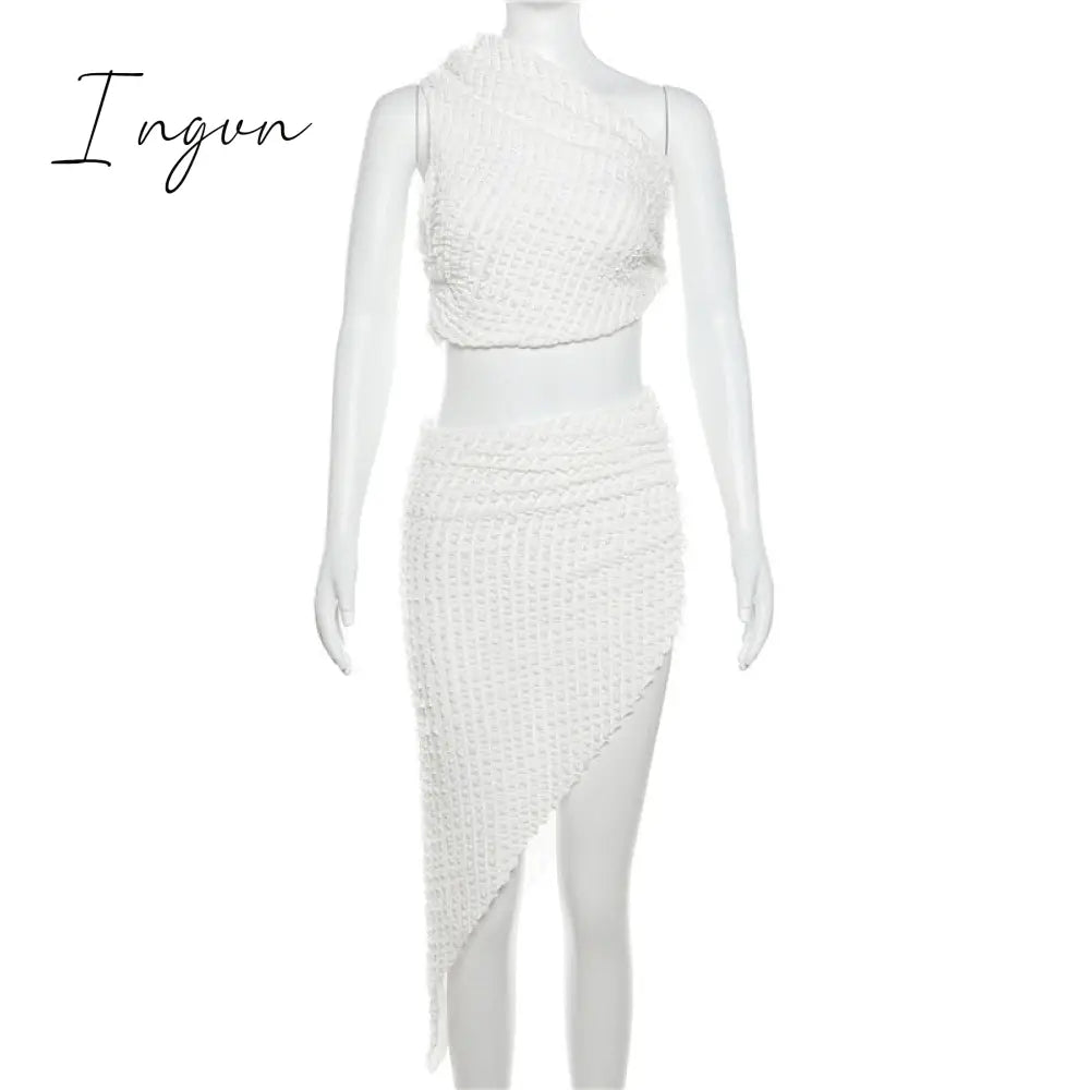 Ingvn - Irregular Summer Sexy Slim Pleated 2 Piece Set Elegant Fashion Outfits Ruched Top and Skirt Co-Ords Matching Sets