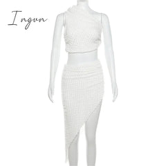 Ingvn - Irregular Summer Sexy Slim Pleated 2 Piece Set Elegant Fashion Outfits Ruched Top and Skirt Co-Ords Matching Sets