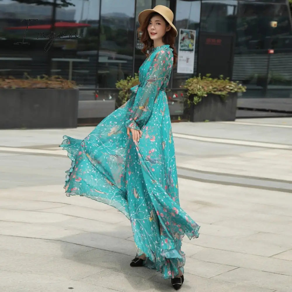 Ingvn - 2023 New Arrives Chiffon Long Sleeve Floral Print Dress Boho Plus Size Women Beach Party Garden Maxi Dress Elegant Vestidos Robe