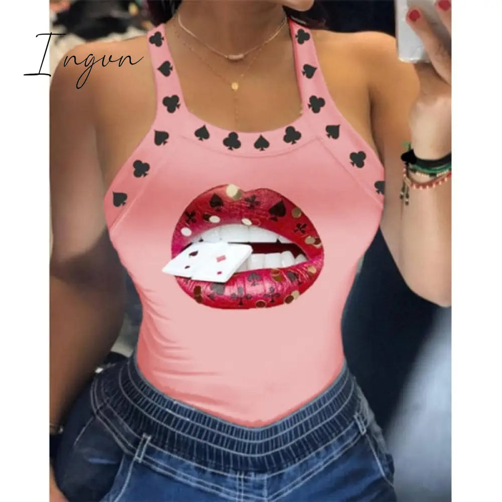 Ingvn - Tank Tops Women U Neck Letter Print Lips Vest Summer Ladies Harajuku Shirts Slim Fit Polyester Sleeveless Top Tshirts