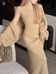 Autumn Solid Knitted Dress Suits Loose Cardigan + Evening Party Slim Long Dresses Winter Sweater Two Piece Set Female Clothes