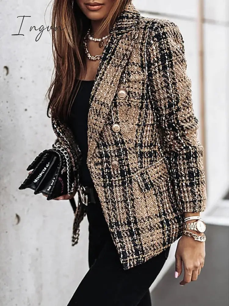 Ingvn - Women's Blazer Tweed Plaid Long Sleeve Coat Fall Winter Business Double Breasted Regular Jacket Green Brown XL 2XL 3XL