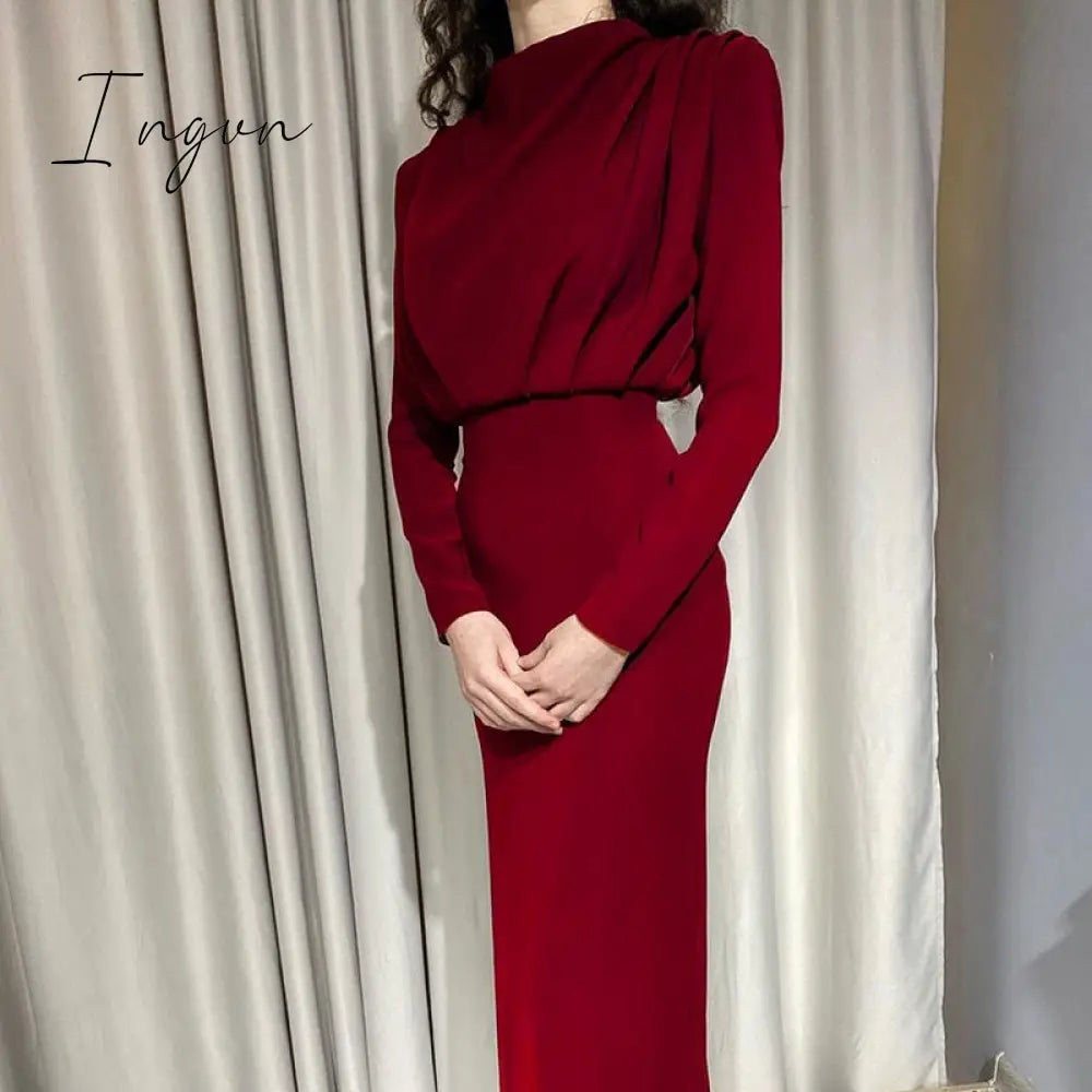 Ingvn - New Fashion Solid Party Dress Women Elegant Stand Collar Pleated Slim Long Dresses Lady Autumn Spring Casual Commute Dress