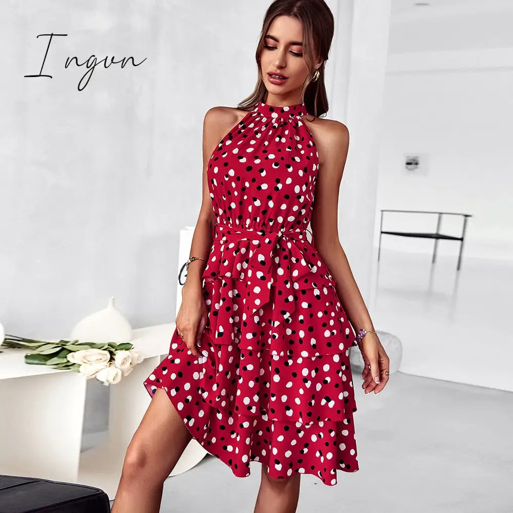 Ingvn - Ladies Sexy Sleeveless Porka Dot Print Boho Summer Dress Women Bohemian Party Beach Mini Dress Women Sundress Vestidos Female