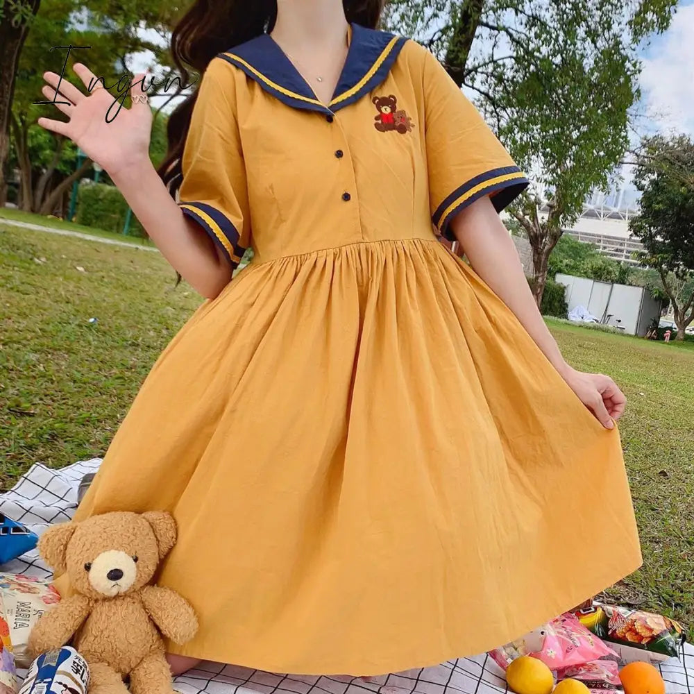 Ingvn - Harajuku Sailor Collar Navy Dress Japanese Lolita Sweet Bow-knot Girl Retro Cotton Kawaii Preppy Style Short Sleeve Dress Women