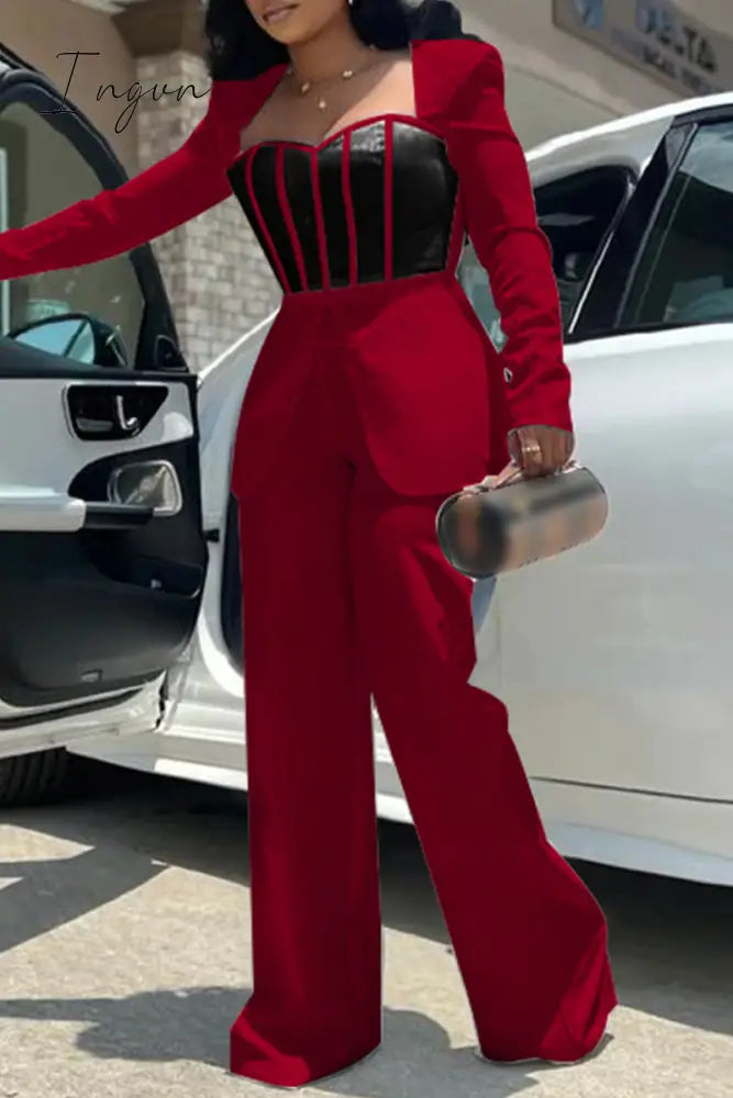 Ingvn - Casual Patchwork Contrast Square Collar Regular Jumpsuits