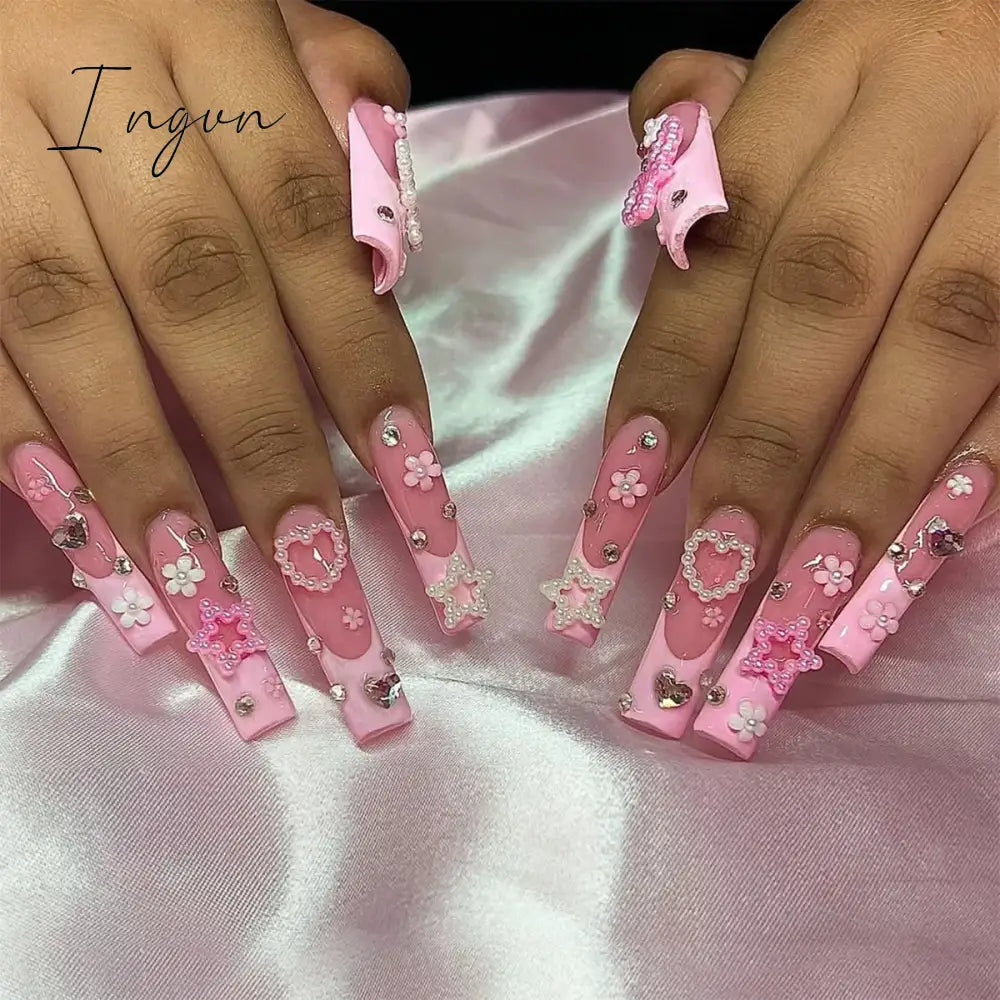 24pcs Artifical Bails With Glue Fake Nail Tips With Design Detachable Press On Nails Long Fake Nail Finished Nail Piece Sticker