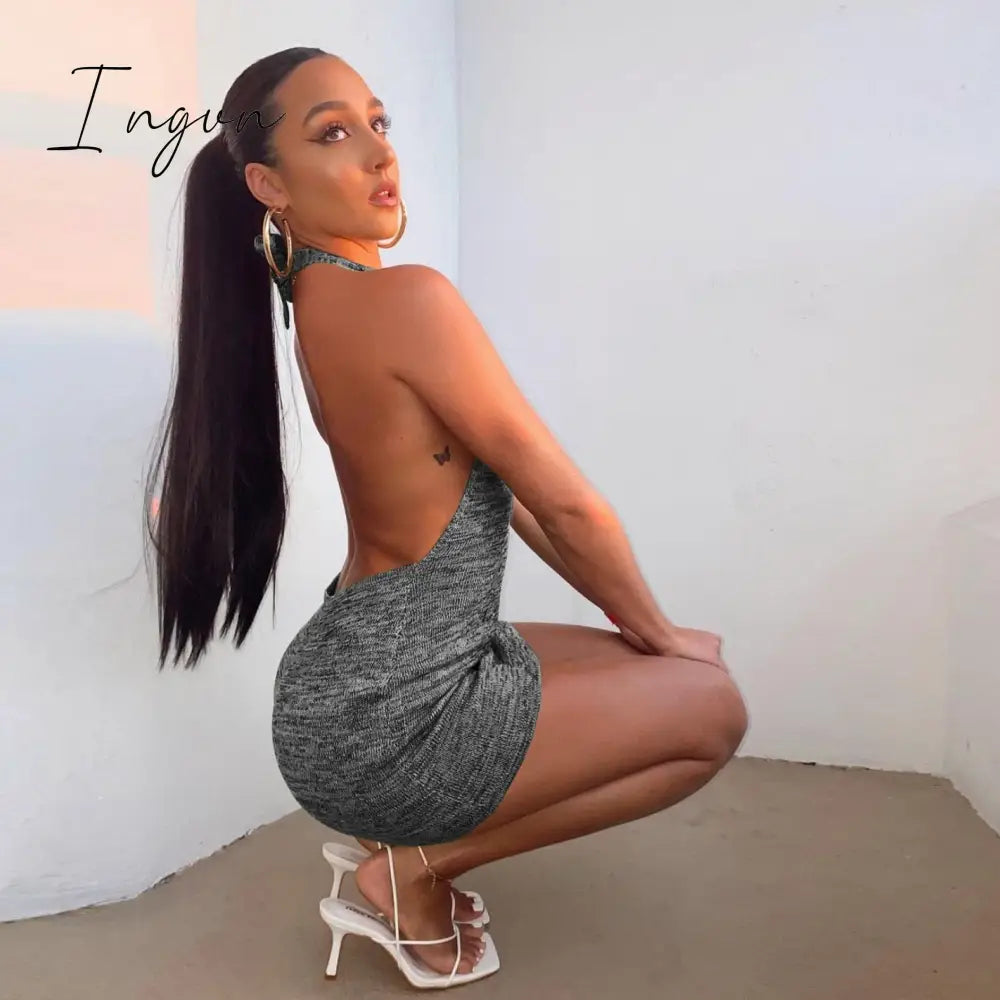 Ingvn - Halter Sexy Backless Mini Dresses Bodycon Skinny Club Party Sleeveless Knitted Dress Fall Streetwear Beach Holiday