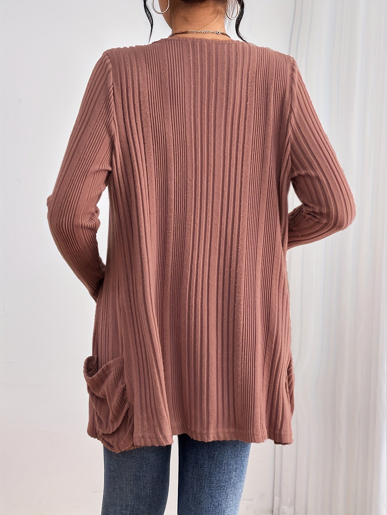 Solid Open Front Rib Knit Cardigan, Casual Long Sleeve Slim Cardigan With Pocket, Women's Clothing