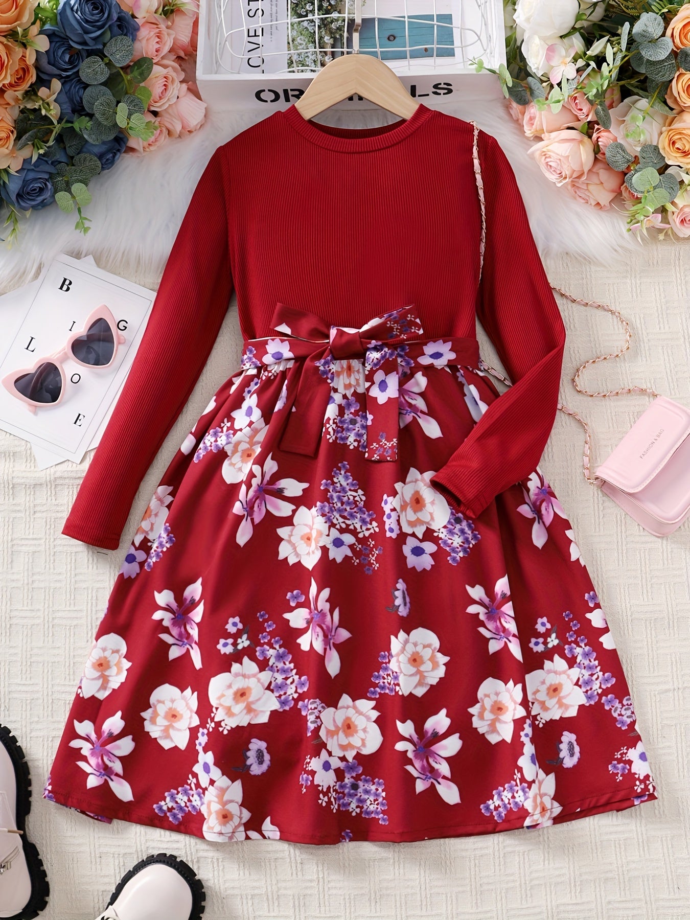 Adorable Floral Belted Dress for Girls - Long Sleeves, Round Neck, Splicing Design, Party-Perfect, Spring Collection, Kids' Clothing