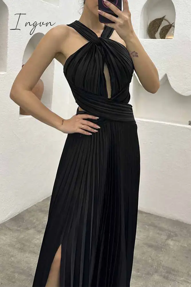 Ingvn - Elegant Solid Fold Halter Evening Dress Dresses