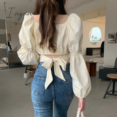 Ingvn - Elegant Blouse Women Spring Summer 2023 New French Style Square Collar Puff Sleeve Chic Shirts Ladies Casual Crop Top