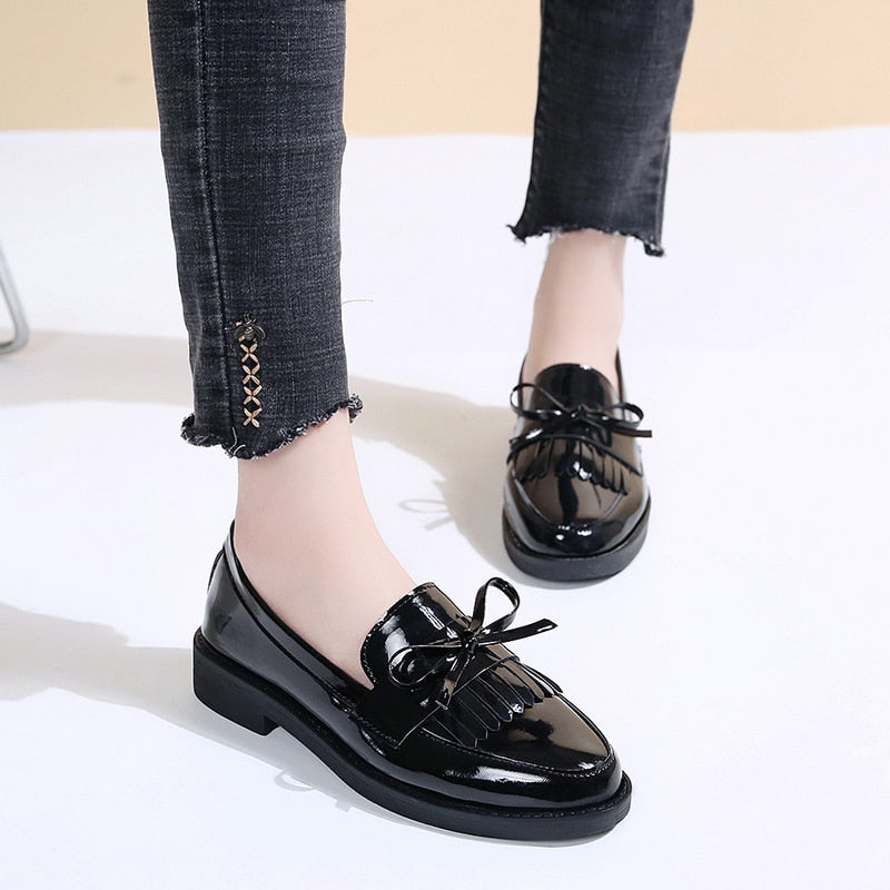 Rimocy Black Patent Leather Women's Loafers Platform Slip on Shoes for Women Spring British Tassel Casual Flats Shoes Woman