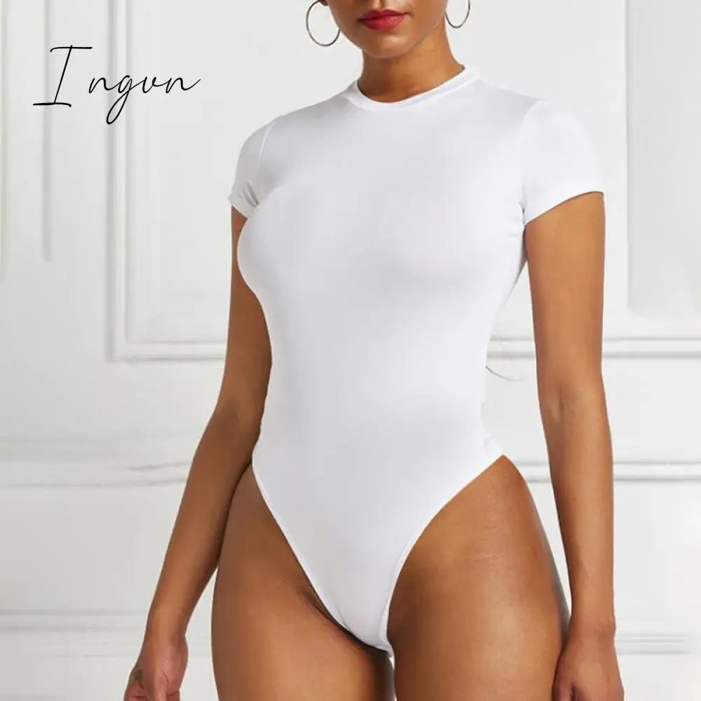 Ingvn - Sexy One Piece Bodycon Bodysuit Short Sleeve O Neck Open Basic White Black Red Overalls Women Body Top Skinny Rompers Female