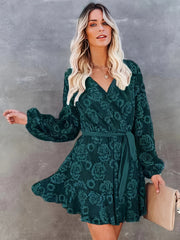 Guipure Lace Surplice Neck Dress, Elegant Lantern Sleeve Tie Waist Dress For Spring & Fall, Women's Clothing