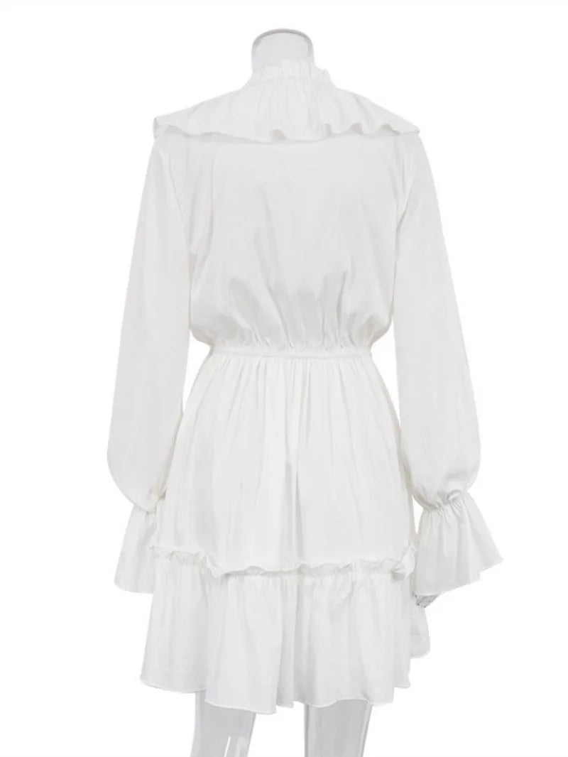 Ingvn  Fashion V-neck Ruffles White Short Dress Streetwear Woman Autumn High Waist Bandage Tunics A-line Party Dresses Female