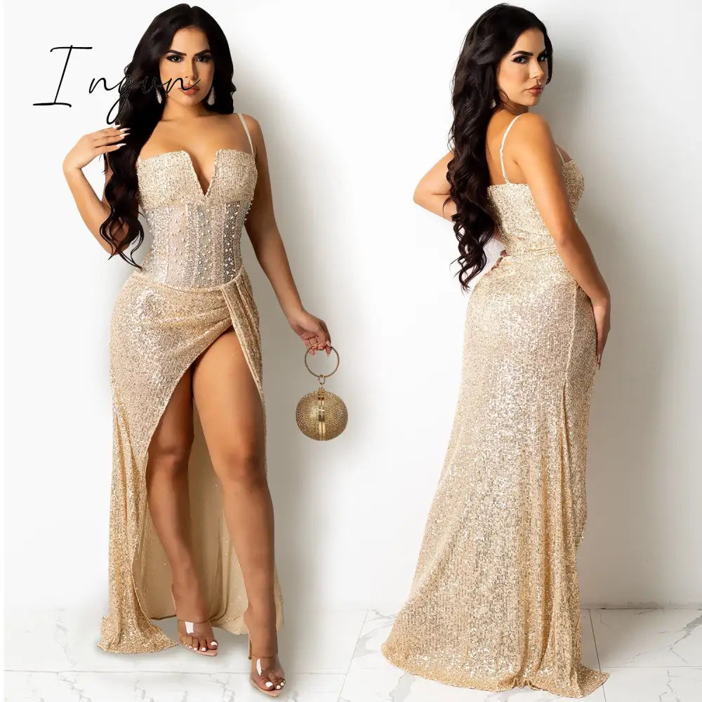 Ingvn - Sheer Mesh Diamonds Sequined Pearls High Split Long Dress For Women Straps Bodycon Long Vestidos Night Party Rhinestone Outfits
