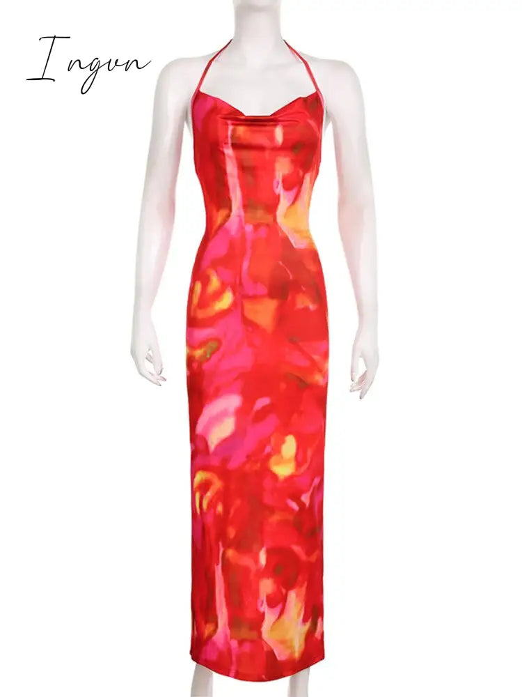 Ingvn - Tie Day Print Backless Maxi Dress Women Gown Cut Out Halter Sleeveless Backless Bodycon Sexy Club Long Dress Vestidos