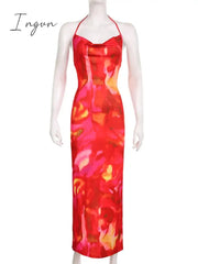 Ingvn - Tie Day Print Backless Maxi Dress Women Gown Cut Out Halter Sleeveless Backless Bodycon Sexy Club Long Dress Vestidos