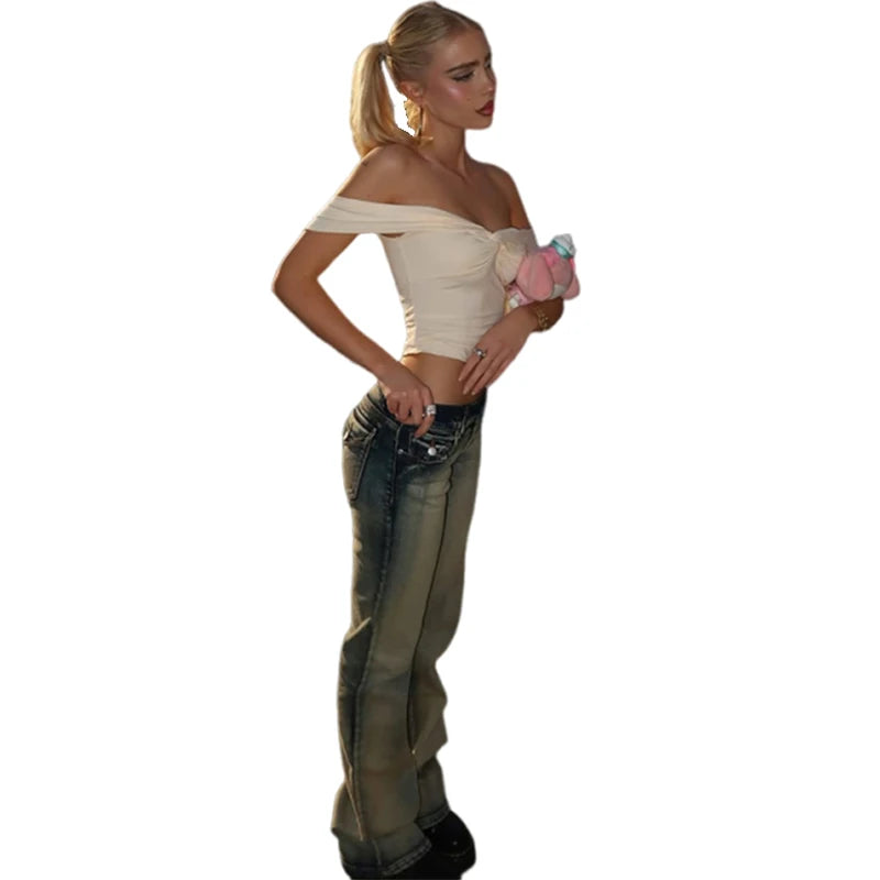 Sweet One Shoulder Mini Tops Women Kink Folds Collar Girly Skinny Backless Street Versatile Summer Trend Simple Clothes
