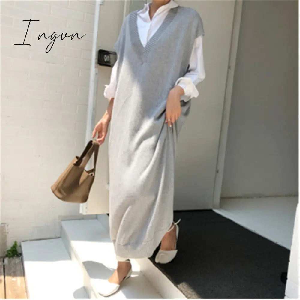 Ingvn - Faux Rabbit Fur Long Sweater Dress Women Loose Knitted Base V Neck Sleeveless Female Vest Spring Autumn New Clothes Outerwear