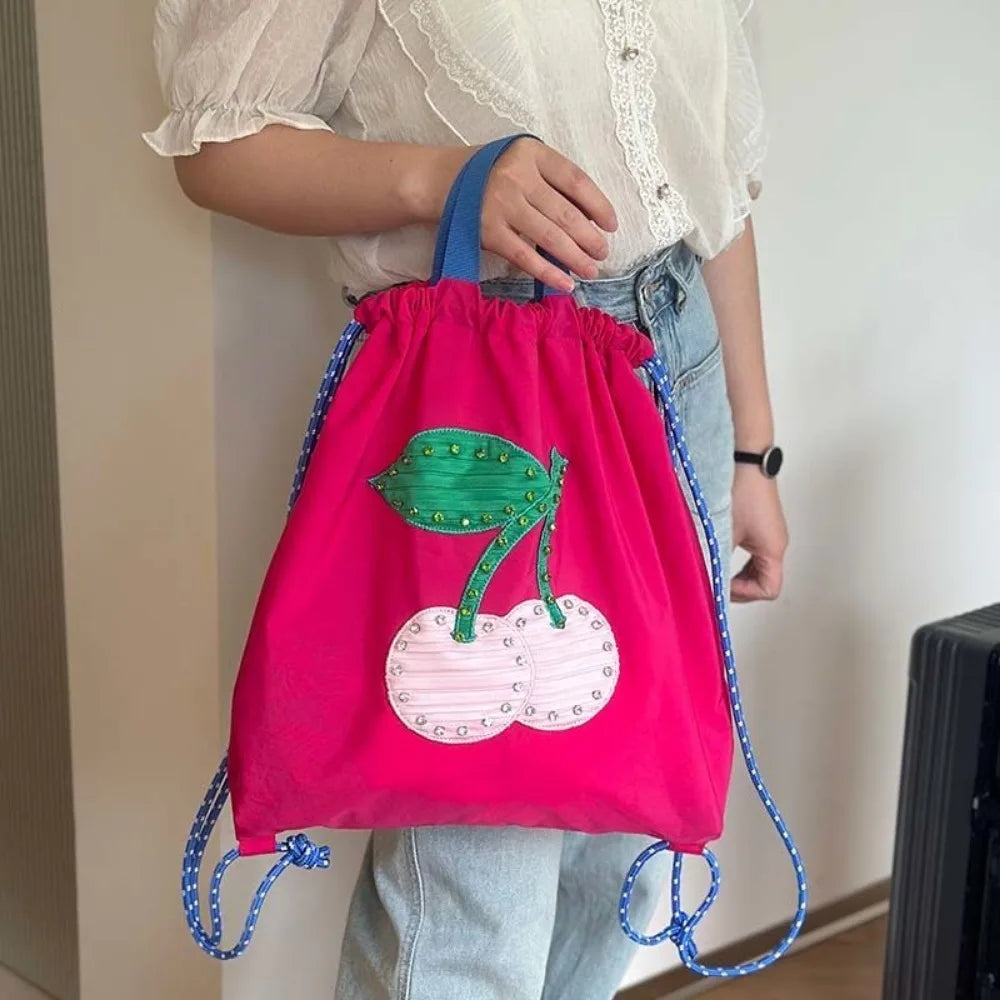 Ingvn  Practical Lovely Korea Drawstring Exquisite Backpacks Sweet Panelled Embroidery Fresh Shopping Bags Print Cherry New Handbags
